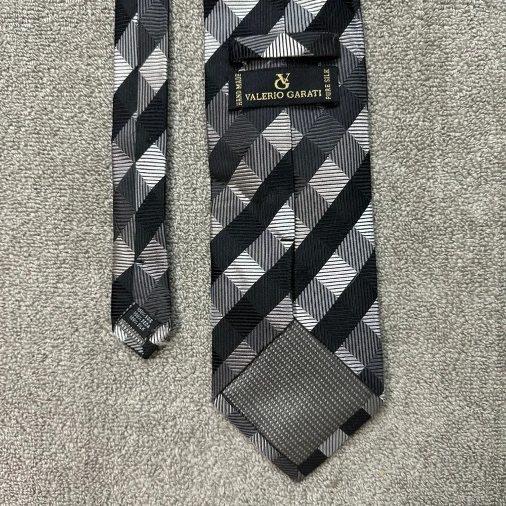 Valerio Garati Mens Silk Tie Black Grey Silver Geometric Diamond Hand Made